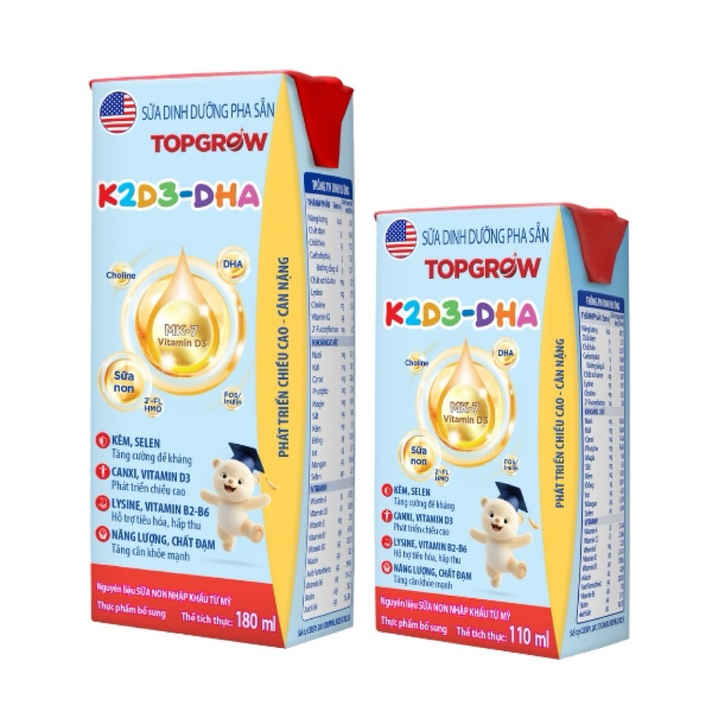 Sữa Topgrow K2D3 -DHA hỗ trợ bé phát triển chiều cao và trí não
