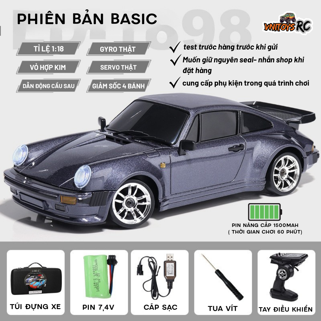 Xe Drift Điều Khiển Từ Xa VNITOYS-LD1898 GRT 911 | Vỏ Hợp Kim, Drift Cầu Sau, Gyro Cân Bằng, Servo Đ