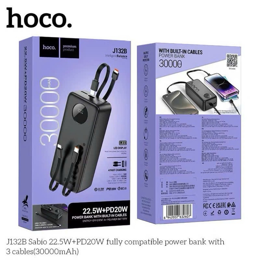 Sạc nhanh dự phòng hoco J132A 20000mah có sẵn dây. bảo hành 1 năm
