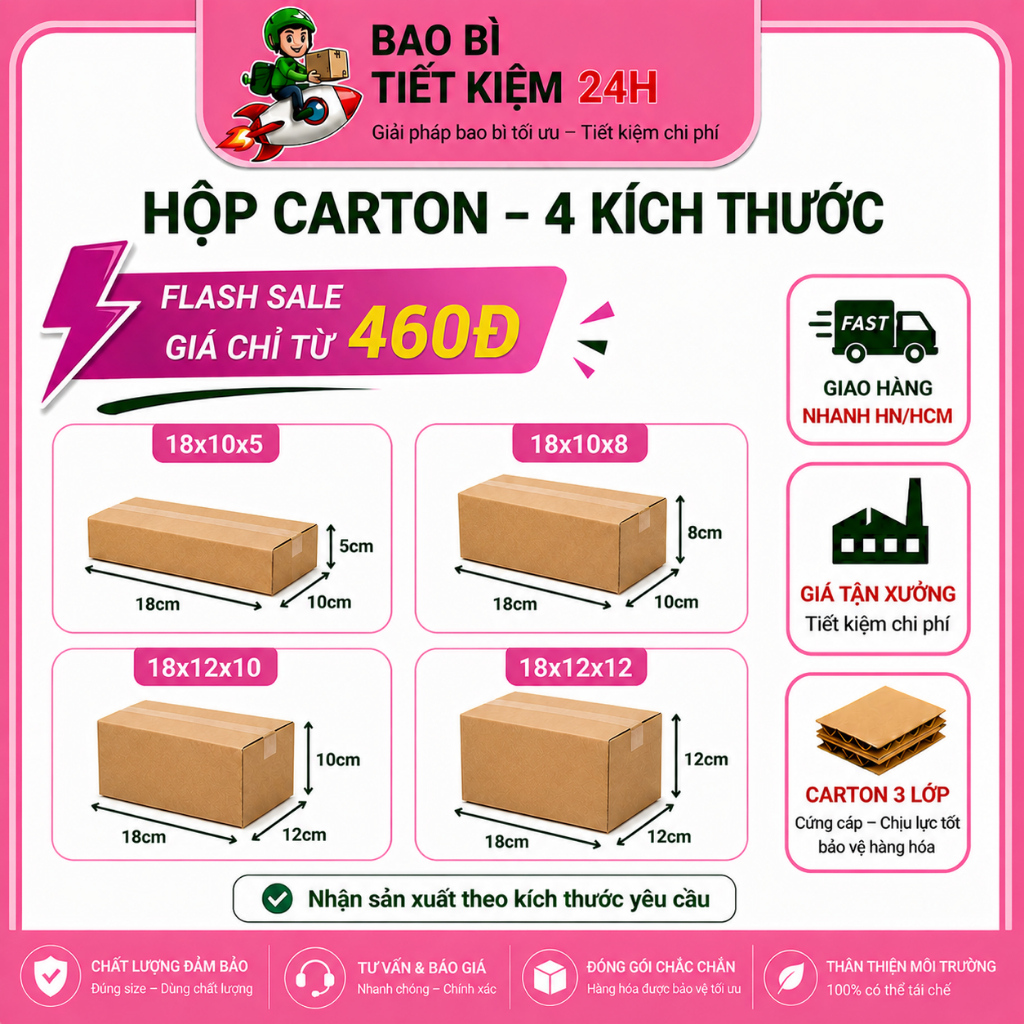 [COMBO 10] Hộp carton đóng gói hàng SIZE từ 18x10x5, hộp giấy carton 3 lớp - sóng B - 1 mặt Nâu đóng