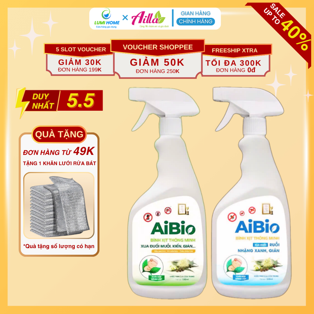Bình thuốc xịt chống ruồi, muỗi AIBIO 530ml, Sịt côn trùng thành phần tự nhiên không mùi