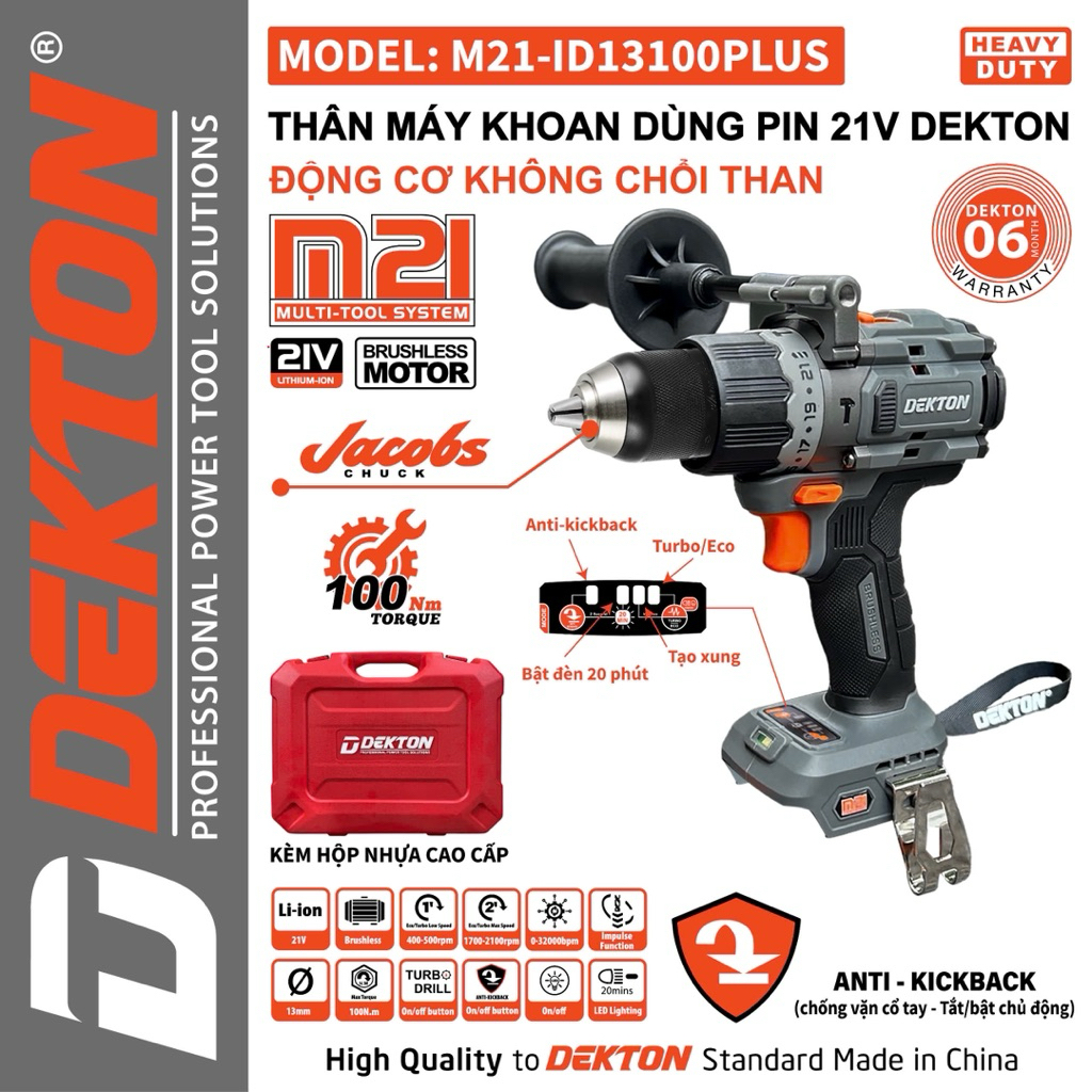 THÂN Máy Khoan Pin Dekton M21-ID13100PLUS ( Đầu kẹp Jacob ) Anti kich back new 100%
