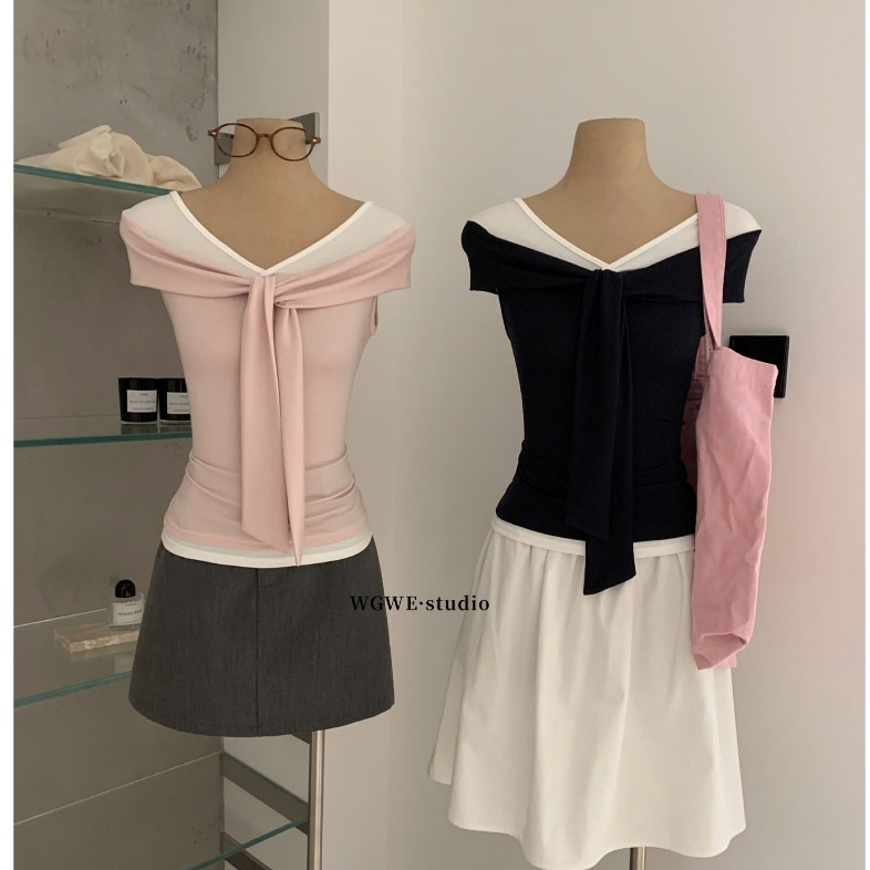 𝑾𝑮𝑾𝑬• Áo thun trễ vai nơ ngực phối cổ trắng 9144 wgwe hàng QC size SM