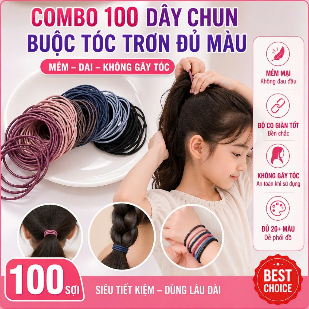 Combo 100 dây chun buộc tóc trơn đủ màu