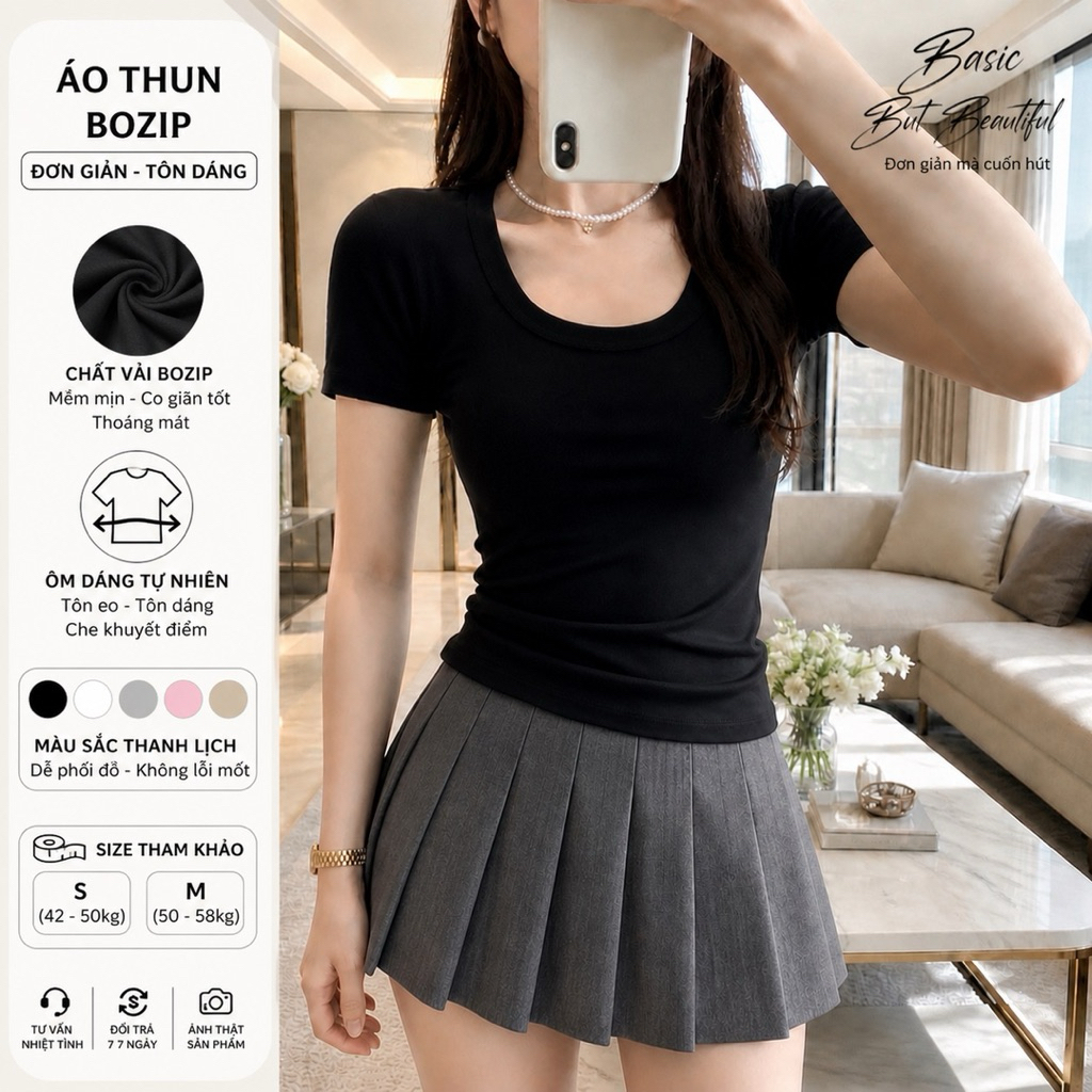PQ11 - Áo cộc tay Cổ Vuông chất Bozip đẹp hàng cao cấp tôn dáng 42-60kg