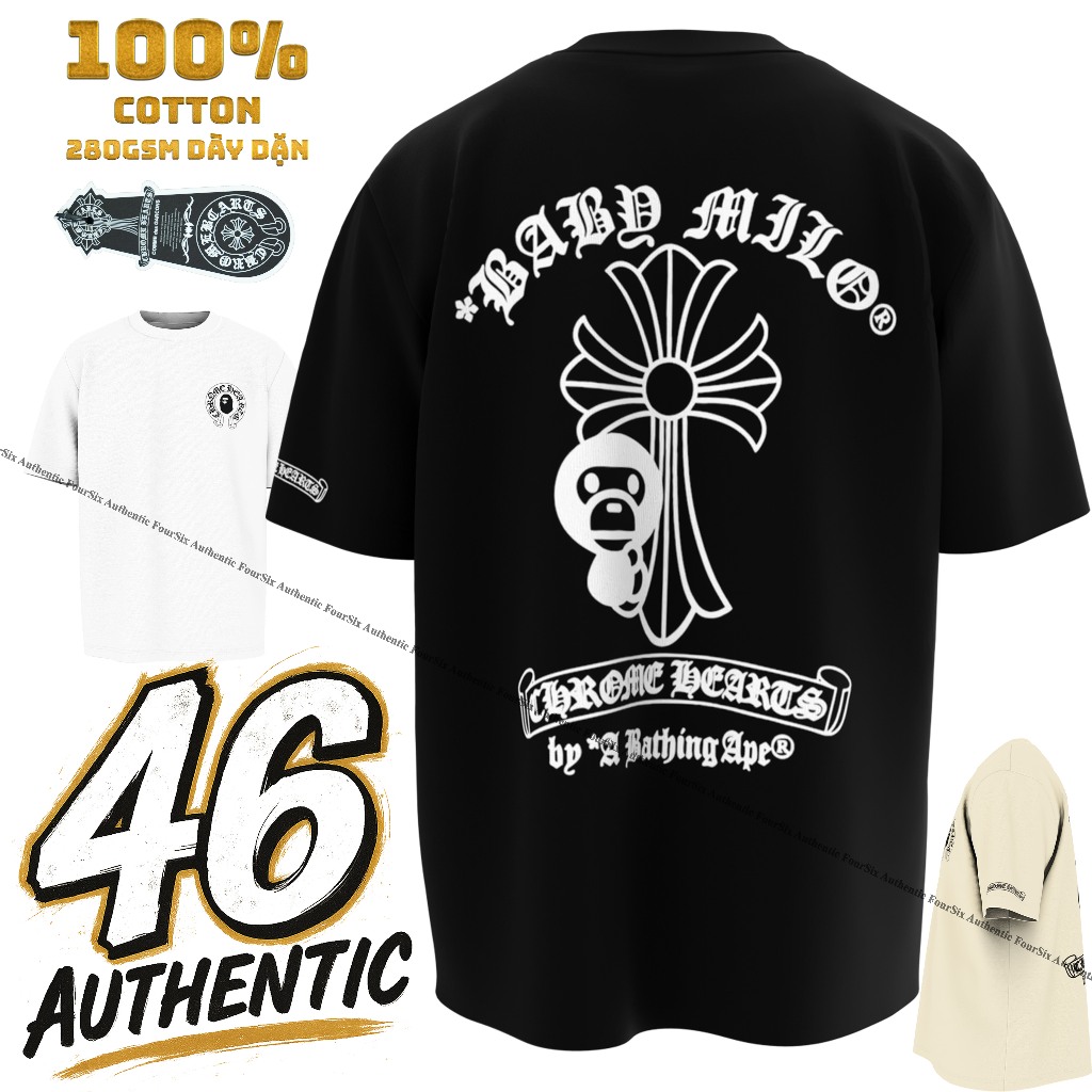 [Cao Cấp] Áo Thun BAPE x Chrome Hearts Baby Milo Cross | 100% Cotton | 280GSM | Oversize | FourSix.