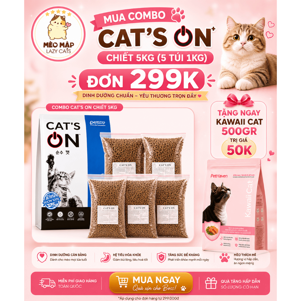 Combo 5Kg Chiết - Hạt Thức Ăn Mèo Cat's ON 5Kg - Cat On, Tăng Sức Khỏe, Hỗ Trợ Tiêu Hóa, Thơm Ngon