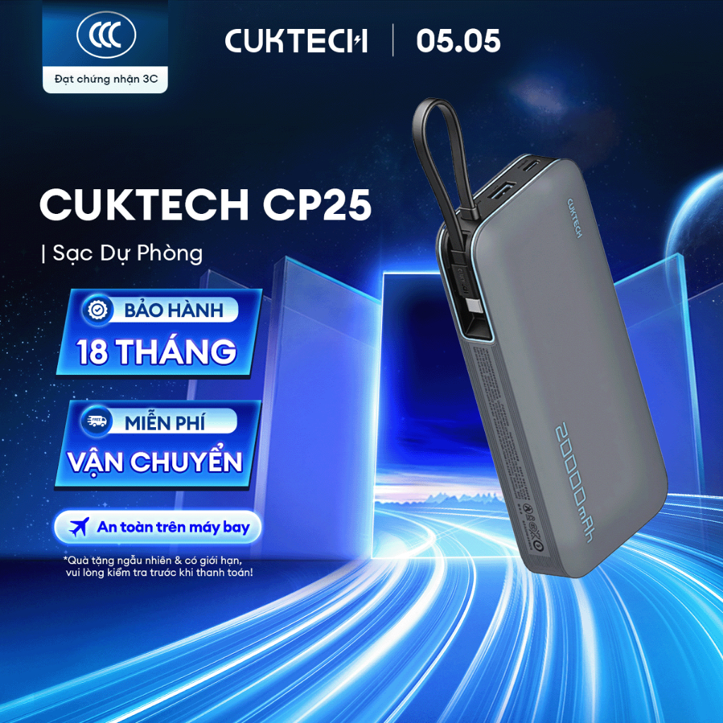 CUKTECH CP25 Sạc Di Động Kèm Cáp | Sạc Nhanh 55W Max | Dung Lượng 20.000mAh | Bảo Hành 18 Tháng PB200N