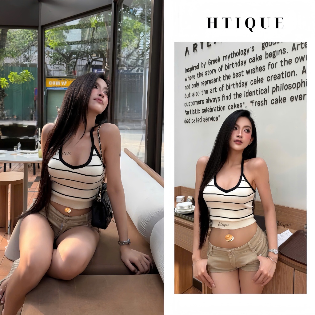 SUMMER ESCAPE - HTIQUE ra mắt Áo len 2 dây cổ yếm viền đen sọc ngang HTIQUE, Áo hai dây kiểu nữ tôn 
