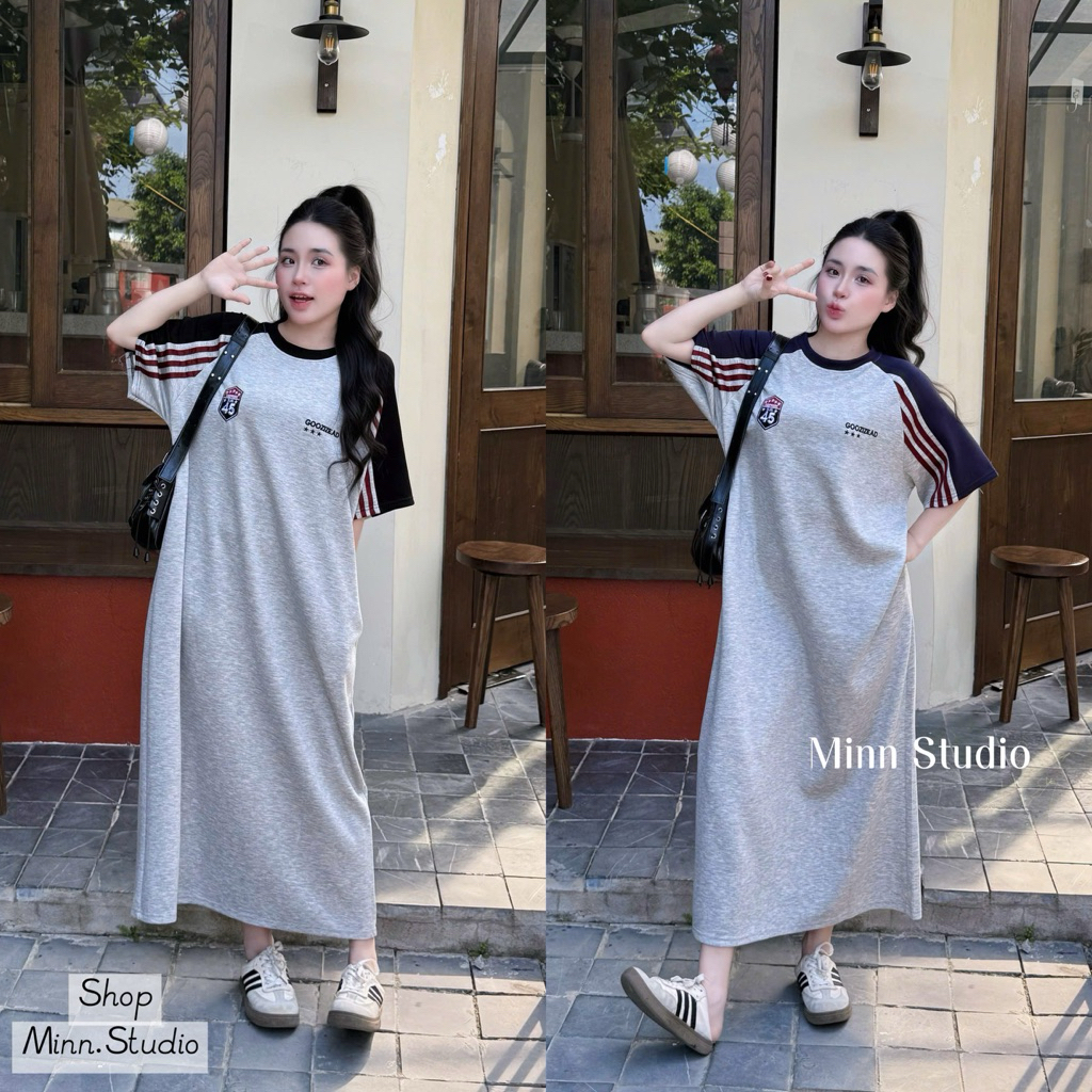 [Minn.studio] Váy Suông Umi Thêu Huy Hiệu Tay Sọc Dáng Dài