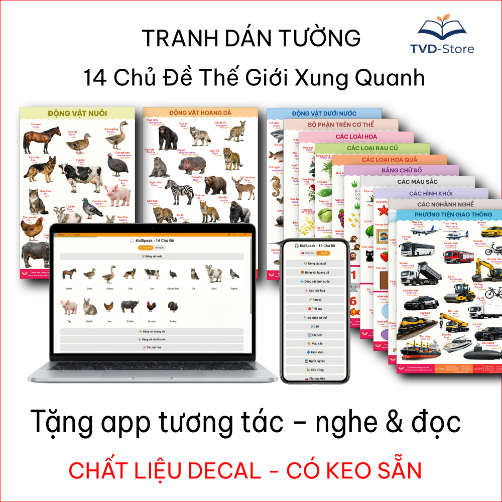 Combo 14 Tranh Song Ngữ Cho Bé | Bộ Học Tiếng Anh Treo Tường Kèm App