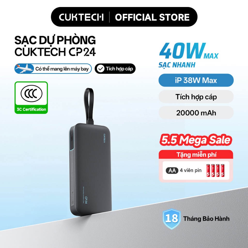【Được chứng nhận CCC】CUKTECH Pin Dự Phòng 20000mAh Sạc Nhanh 40W – Tích Hợp Dây, Hỗ Trợ iP 38W / Xiaomi 33W —— CP24 | BigBuy360 - bigbuy360.vn