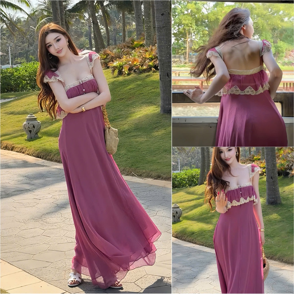 Đầm Maxxi Đi Biển Y87 Tay Cánh Tiên Phối Ren Đính Nút Ngọc Xinh Xắn - Akara Closet