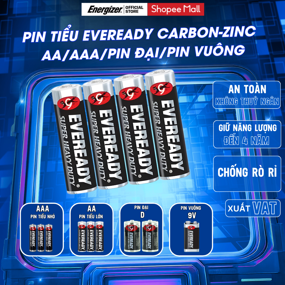 Pin Tiểu Energizer Eveready AA/AAA/D/9V – Pin 2A/3A, Pin Đại, Pin Vuông Chính Hãng, Không Thủy Ngân, An Toàn, Giá Tốt
