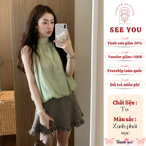 [See You] Set Bộ Nữ 2 Món Áo Cổ Yếm Màu Xanh Bạc Hà Mix Chân Váy Kẻ Caro Nhún Bèo Dễ Thương Dạo Phố,