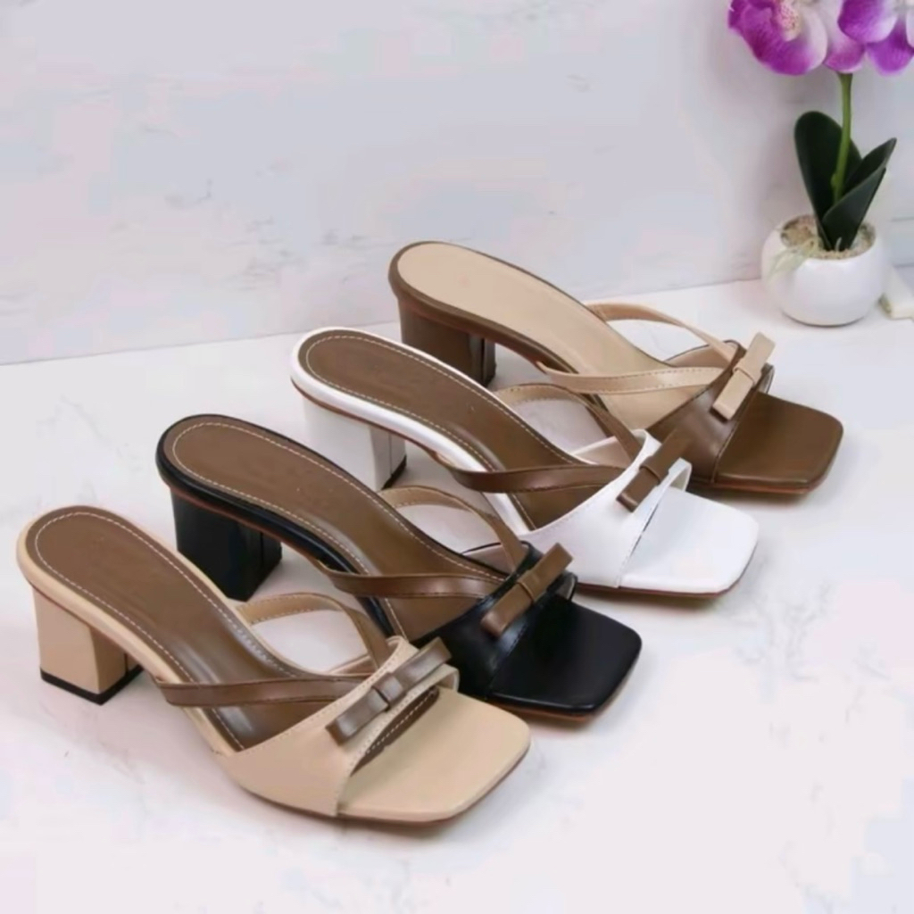 giày cao gót MŨI VUÔNG phối màu nơ tần gót vuông 5cm giày nữ sandanl Hnstore