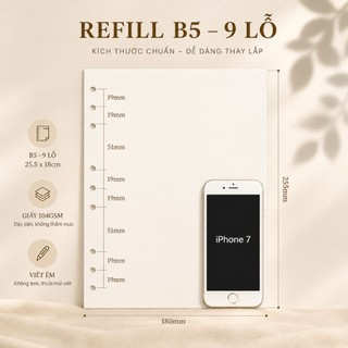 Ruột Sổ B5 9 Lỗ – Giấy Kimmi Nhật 100gsm – Mịn, Dày, Không Lem Mực – Tệp 45 Tờ