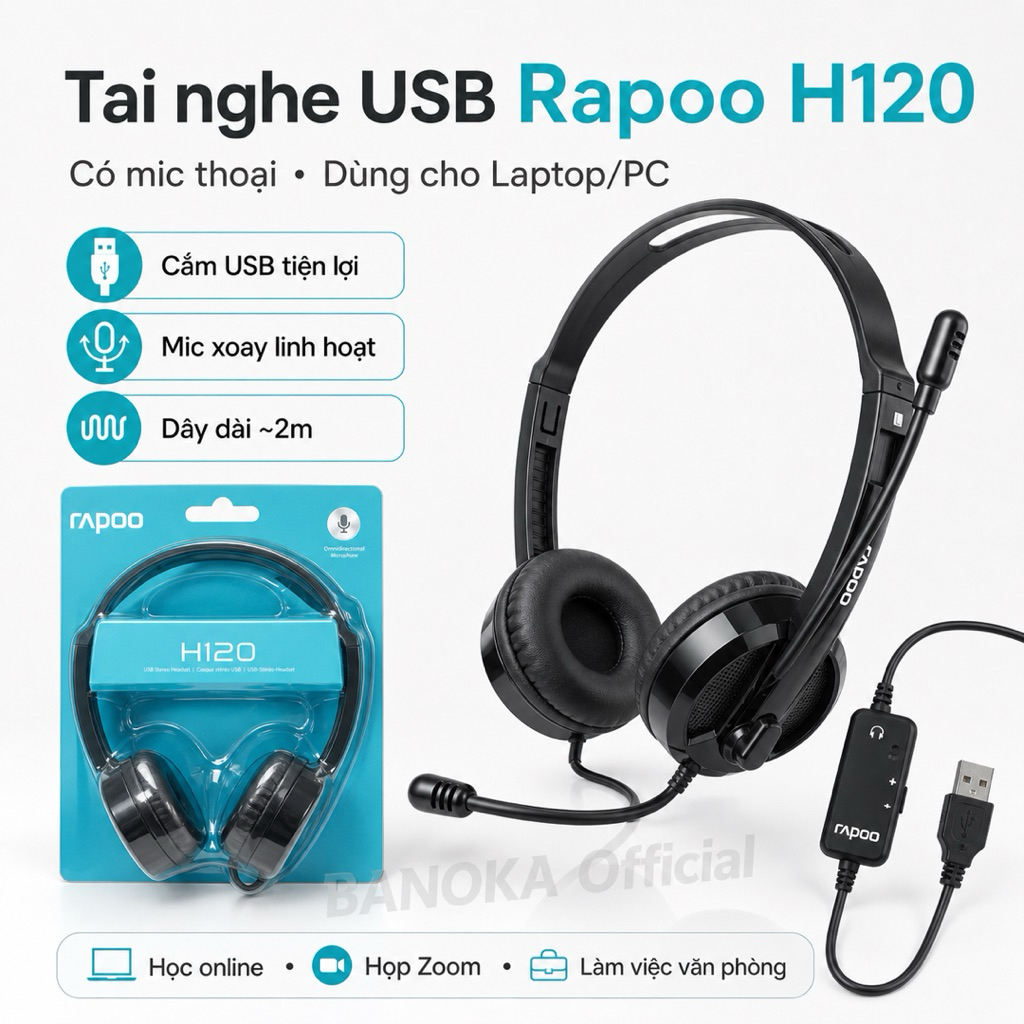 Tai Nghe USB Rapoo H120 Có Mic Đàm Thoại, Tai Nghe Máy Tính Laptop Học Online Họp Zo