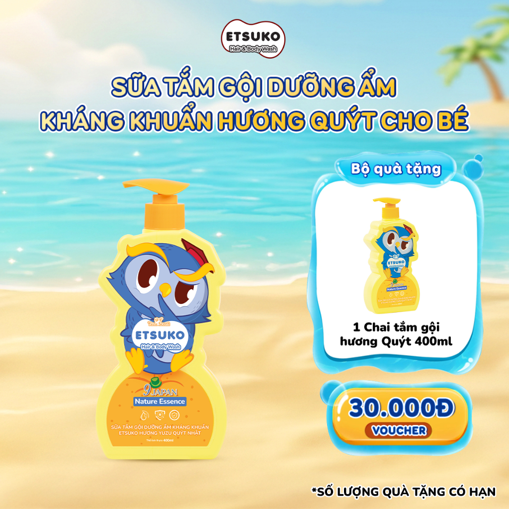 Sữa Tắm Gội Cho Bé ETSUKO Hương Yuzu Quýt Nhật 400ml Dưỡng Ẩm Dịu Nhẹ, Kháng Khuẩn An Toàn Bảo Vệ Da