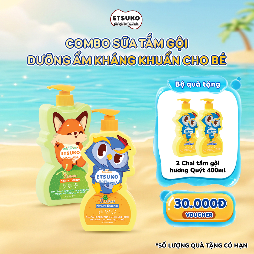 [MUA 2 TẶNG 2] Combo 2 Chai Tắm Gội Cho Bé ETSUKO 400ml Dưỡng Ẩm Diệu Nhẹ, Kháng Khuẩn Bảo Vệ Làn Da