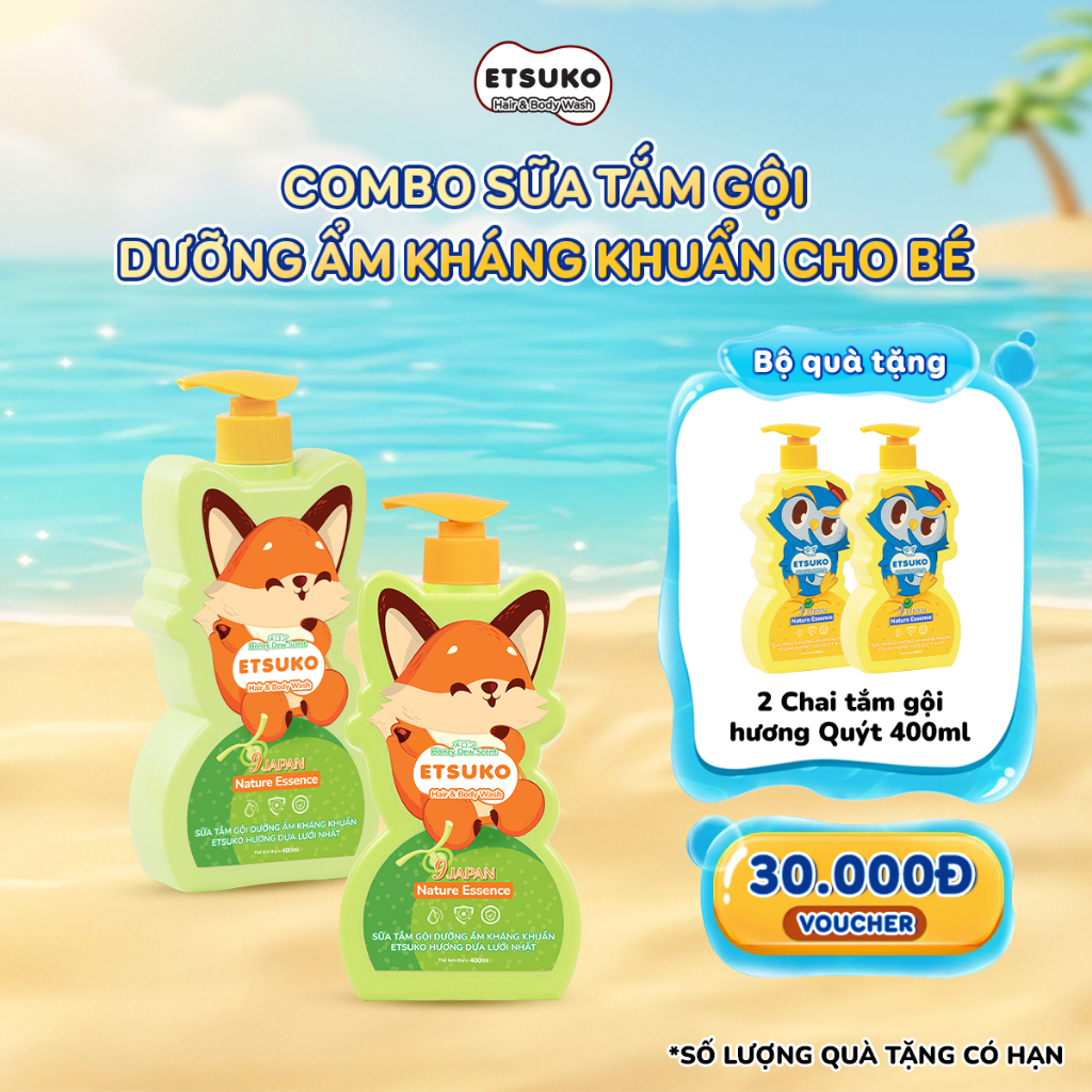 [Tặng 2 Chai 400ml] Combo 2 Chai Tắm Gội Cho Bé ETSUKO 400ml Dưỡng Ẩm Dịu Nhẹ, Kháng Khuẩn Bảo Vệ Da