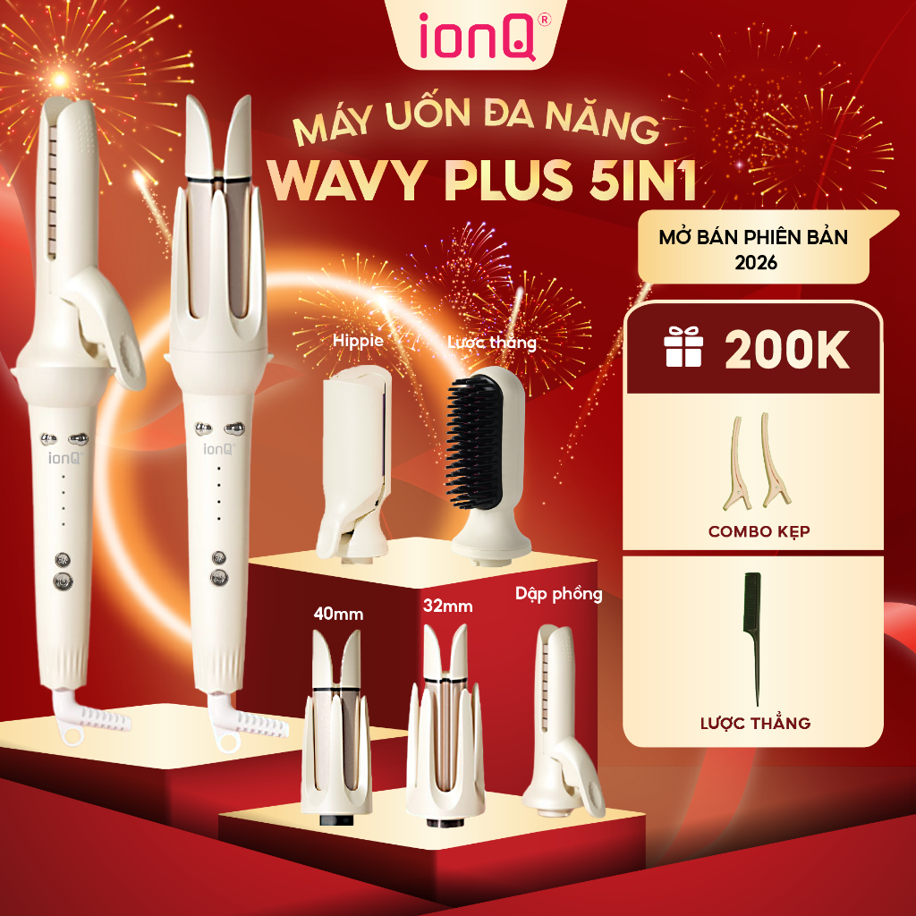[Giảm thêm 10% tại Live] Máy uốn tóc làm xoăn tự động 5in1 ionQ Wavy Plus đầu uốn 40, 32mm, 1 dập phồng, 1 hippie, lược
