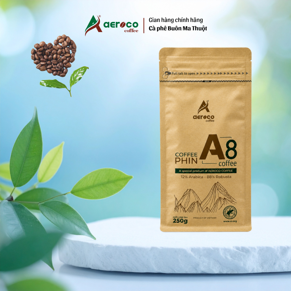 Gói 250g Cà phê đặc sản PHIN A8 AEROCO COFFEE pha phin, rang xay nguyên chất, vị ngọt thơm