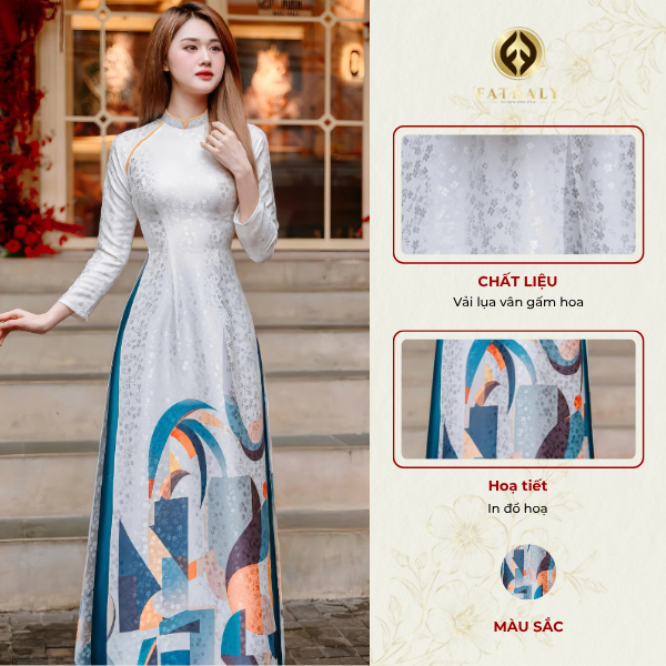 [FA14] Áo dài nữ lụa gấm thiết kế hoạ tiết đồ hoạ, cổ phối viền cam tay dài thanh lịch | FATRALY