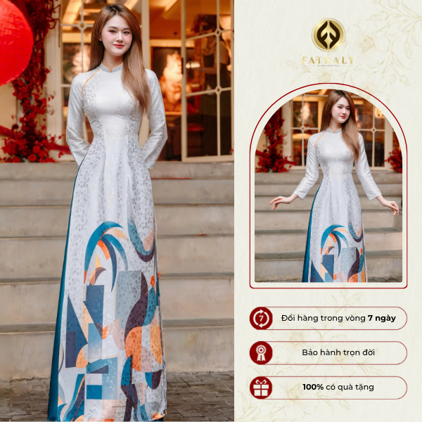 [FA14] Áo dài nữ lụa gấm thiết kế hoạ tiết đồ hoạ, cổ phối viền cam tay dài thanh lịch | FATRALY