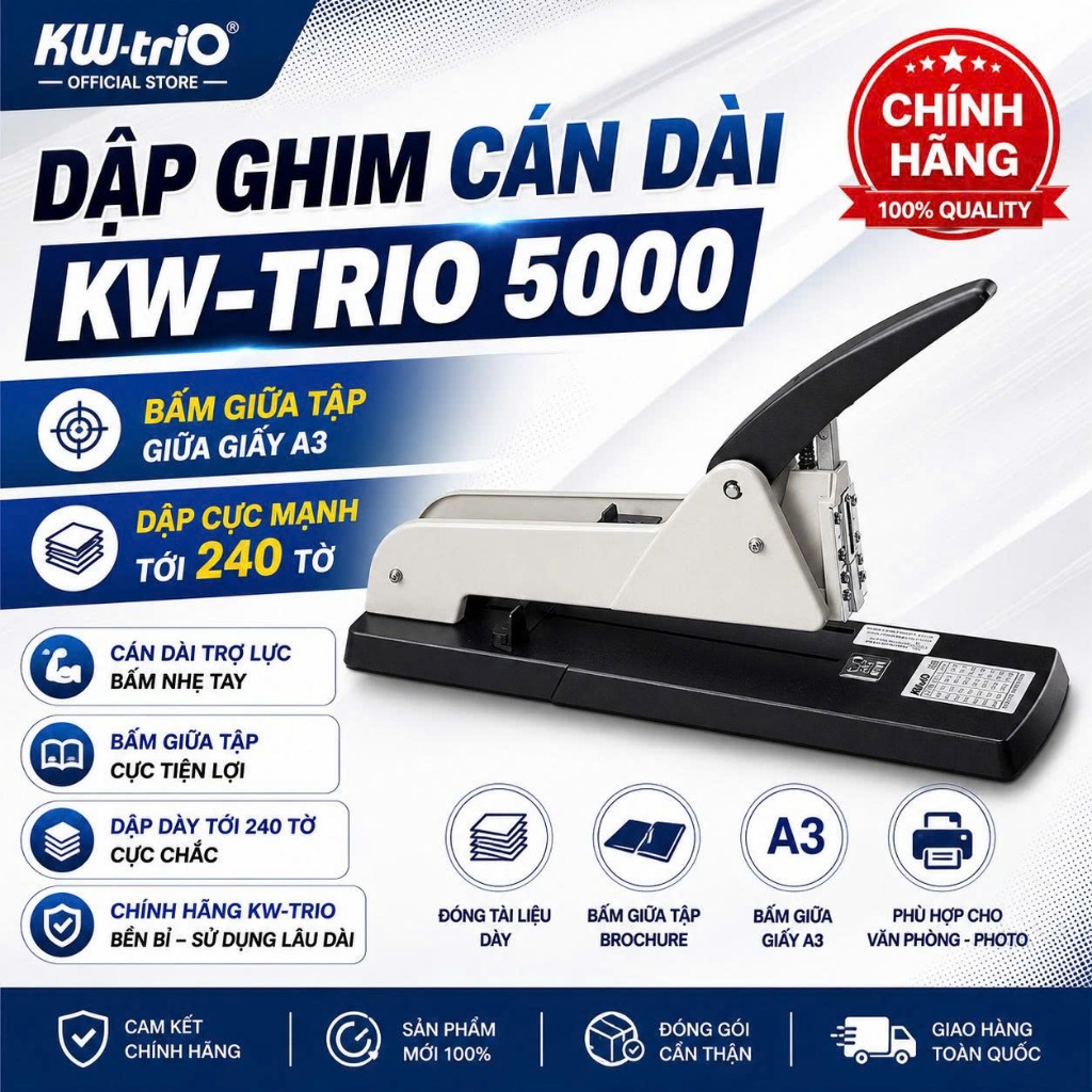Dập Ghim Cán Dài KW-Trio 5000 Chính Hãng – Bấm Giữa Tập, Giữa Giấy A3, Dập 240 Tờ Cực Mạnh - CAM KẾT