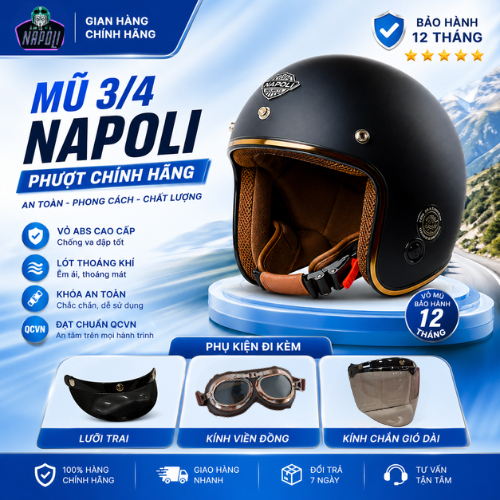 Mũ bảo hiểm 3/4 đầu Napoli mũ bảo hiểm phượt kính phi công viền đồng, kính chắn gió,nón bảo hiểm chí