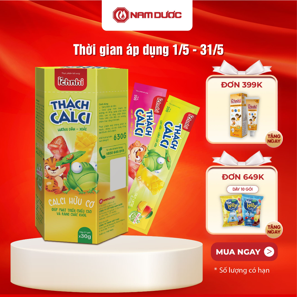 Thực phẩm bổ sung ÍCH NHI THẠCH CALCI HƯƠNG DÂU, XOÀI, bổ sung calci hữu cơ cho bé, Hộp 21 túix30gr