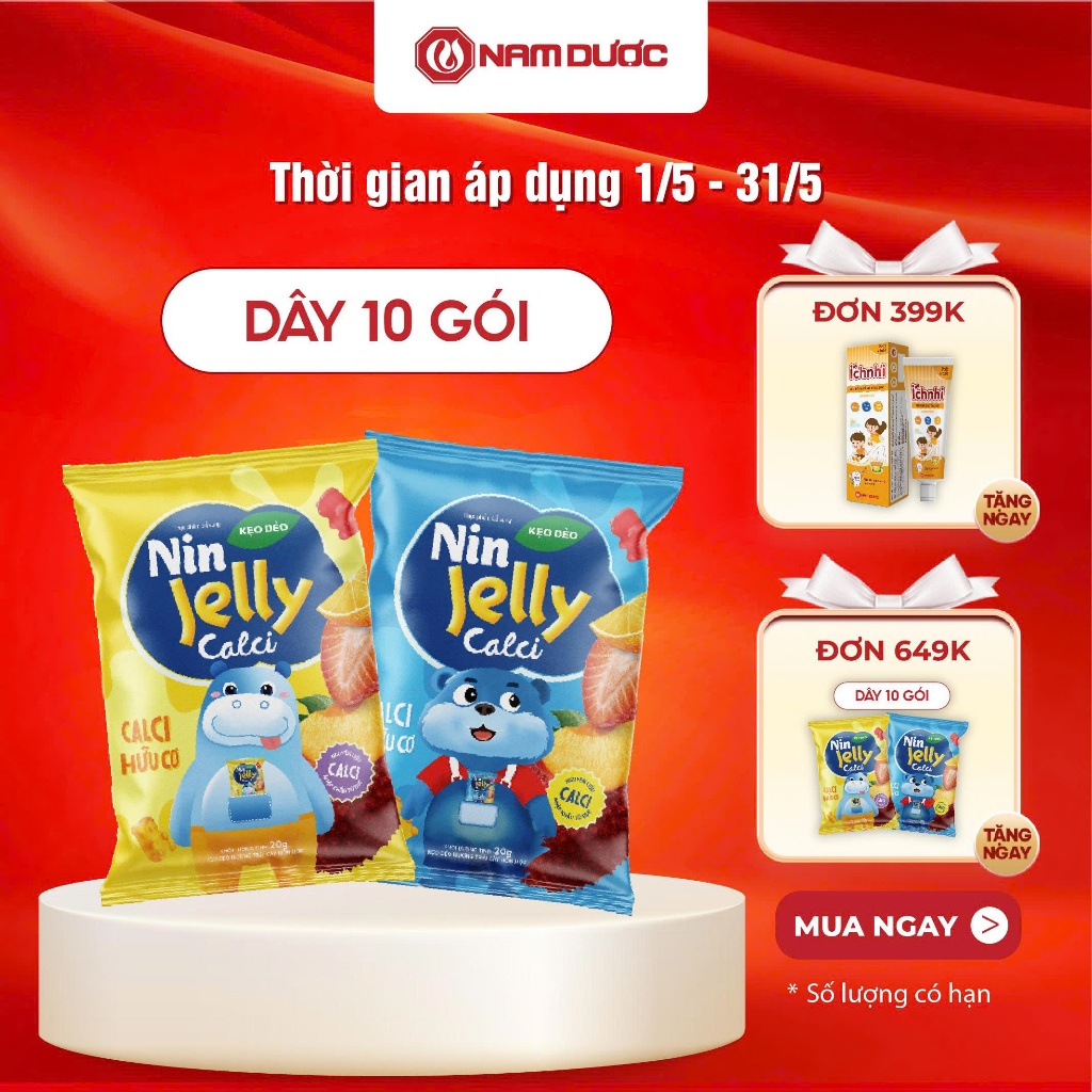 Thực phẩm bổ sung KẸO DẺO NIN JELLY CALCI Dây 10 túi x 20 g, bổ sung calci hữu cơ cho bé