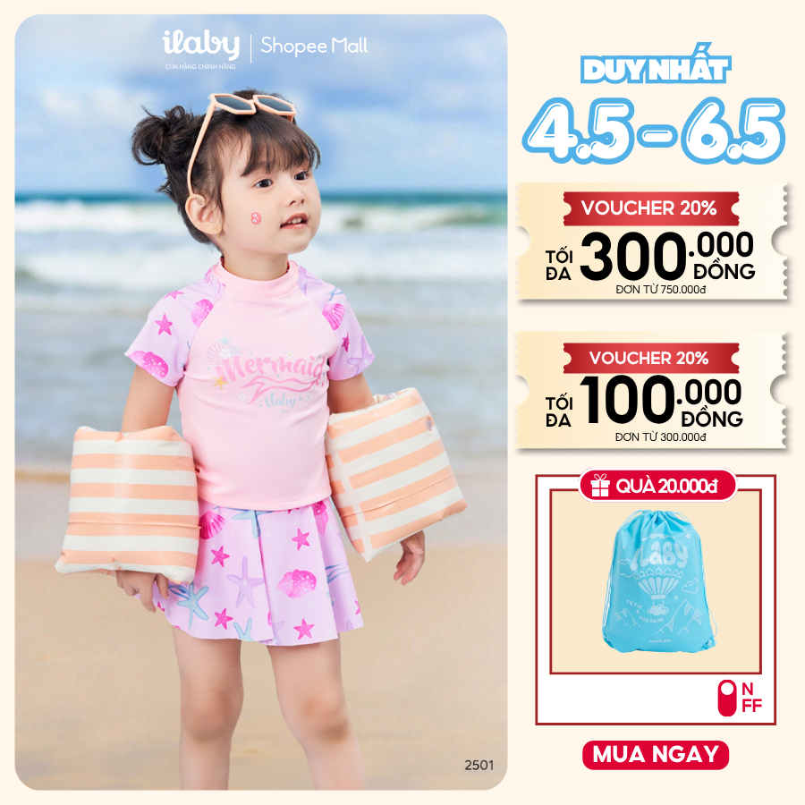 Đồ bơi bé gái ILABY HCM chất liệu thun lạnh co giãn chống nắng, có quần bảo hộ size 10-38kg [2501]