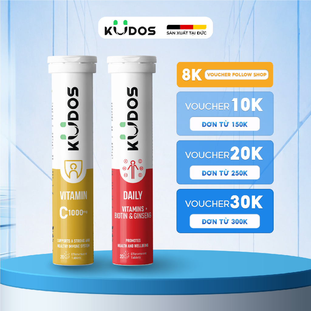 Combo Thực phẩm bảo vệ sức khỏe KUDOS DAILY VITAMINS PLUS BIOTIN & GINSENG + KUDOS VITAMIN C 1000MG 