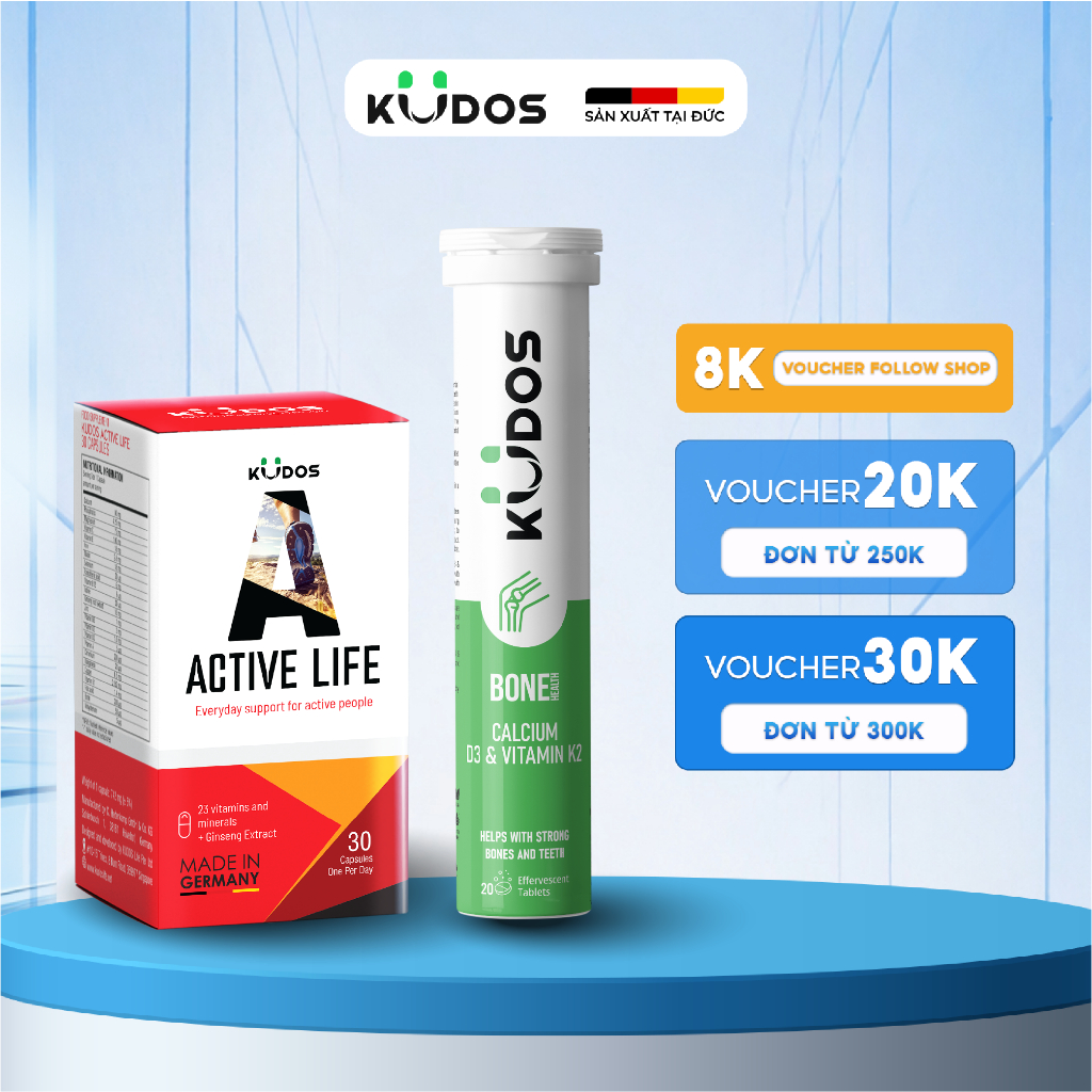 Combo Thực phẩm bảo vệ sức khỏe KUDOS ACTIVE LIFE 30 viên/hộp + KUDOS BONE HEALTH CALCIUM, D3 & VITA