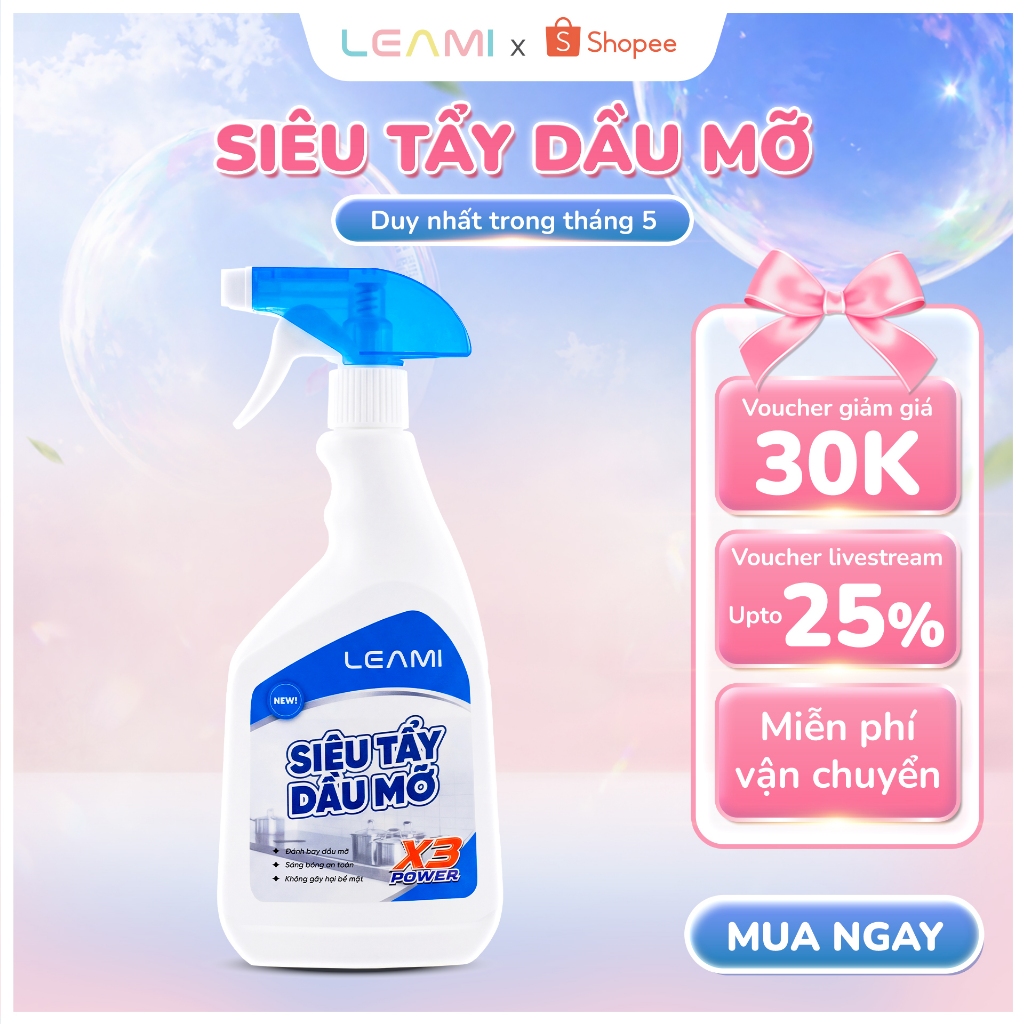 Xịt Tẩy Dầu Mỡ Leami 450ml Làm Sạch Vết Bẩn Dầu Mỡ Trên Mọi Bề Mặt - Không Hoá Chất, Không Gây Ăn Mò
