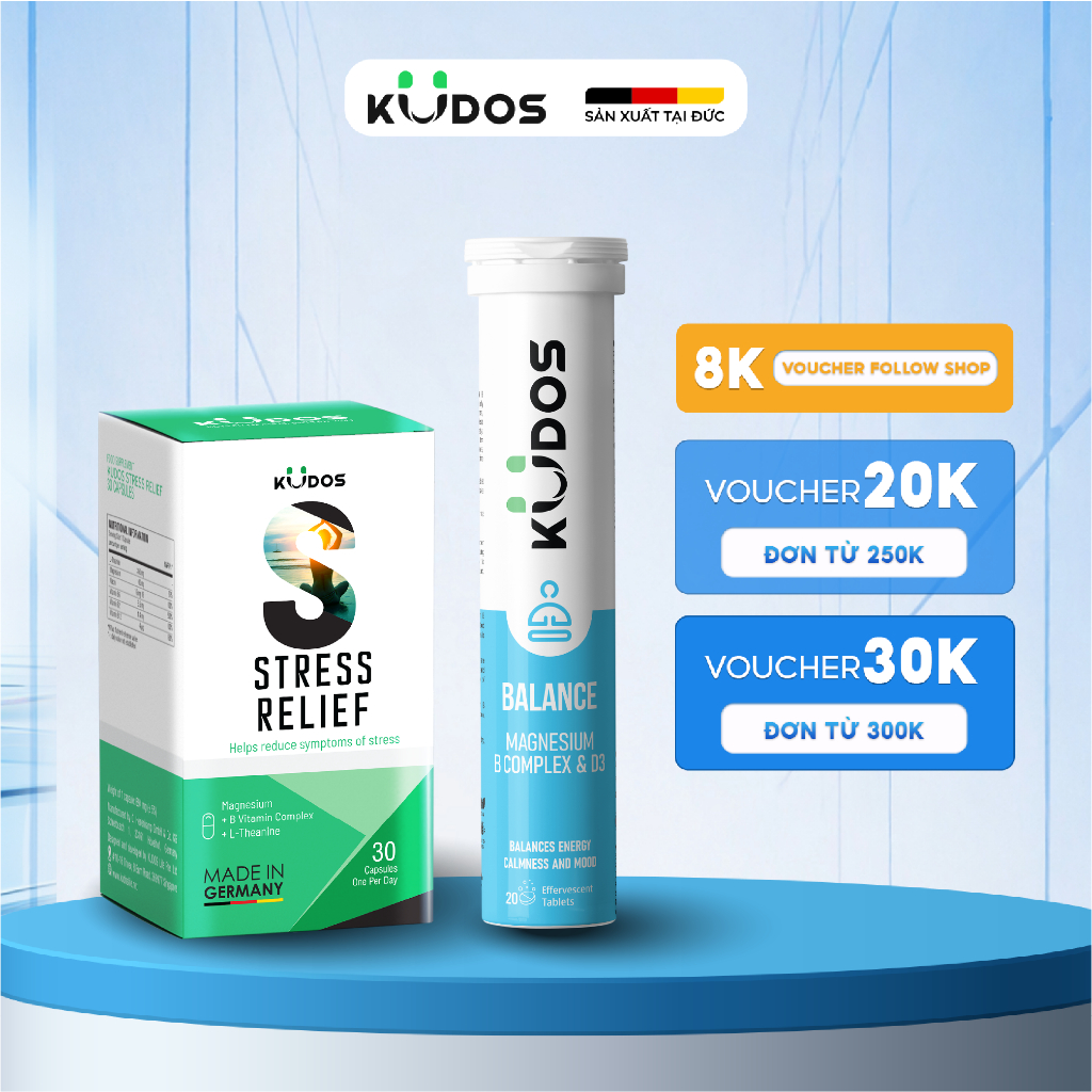 Combo Thực phẩm Bảo Vệ Sức Khỏe KUDOS STRESS RELIFE 30v + KUDOS BALANCE MAGNESIUM WITH B VITAMIN COM