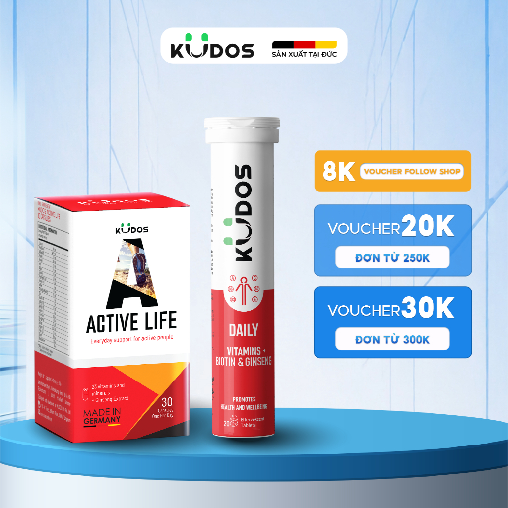 Combo Thực Phẩm Bảo Vệ Sức Khỏe KUDOS ACTIVE LIFE 30 viên/hộp + KUDOS DAILY VITAMINS PLUS BIOTIN & G