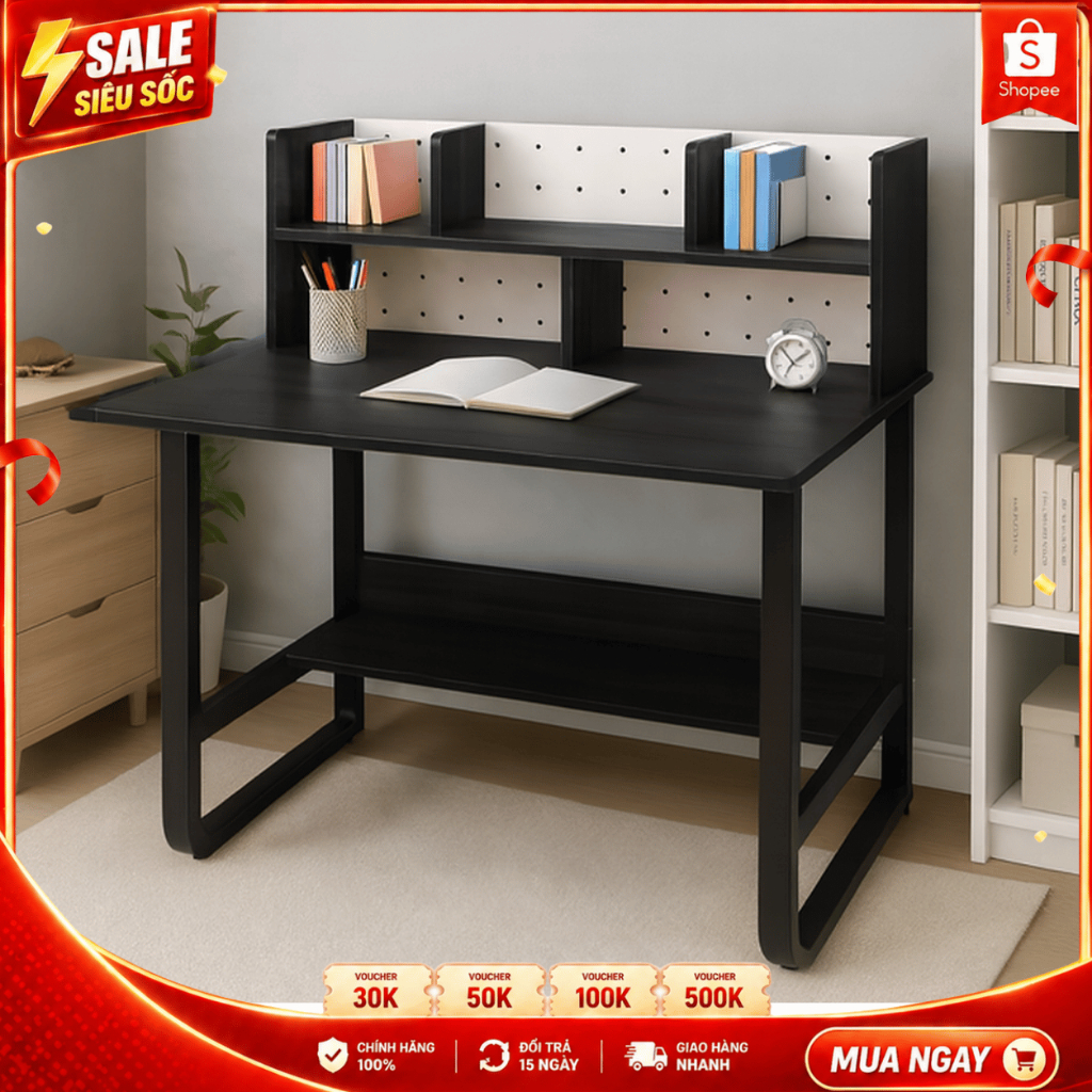 Bàn Làm Việc Có Kệ Sách Hiện Đại, Bàn BKG Mặt Gỗ MDF 17mm, Khung Sắt Sơn Tĩnh Điện, Nhiều Kích Thước | BigBuy360 - bigbuy360.vn
