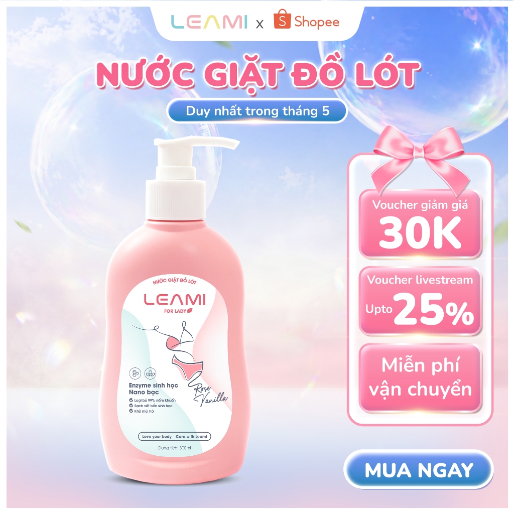 [CHÍNH HÃNG] Nước Giặt Đồ Lót Leami 300ml Hương Rose Vanilla - Công Nghệ Enzyme & Nano Bạc Làm Sạch Vết Bẩn Khử Mùi Hôi