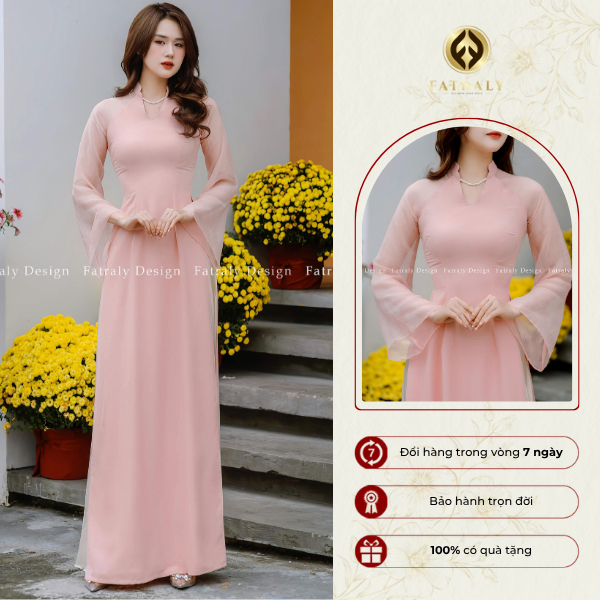 [FL05] Áo dài nữ lụa Thái Tuấn màu hồng, thiết kế tay tơ loe phối cổ V đính ngọc trai | FATRALY