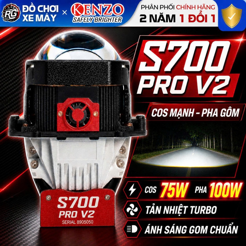 [BH 24 Tháng] Kenzo S700 Pro V2 - Đèn Bi Cầu Led 75W Pha 100W Giả Lập Laser Tản Nhiệt 3 Lớp New 2026