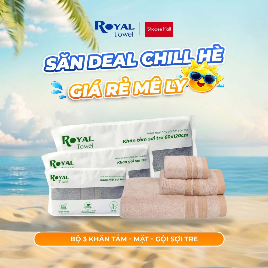 Bộ 3 Khăn Mặt, Gội, Tắm Royal Towel Sợi Tre Bamboo, Mềm Mịn, Thấm Hút Tốt, Không Xổ Lông, Không Phai
