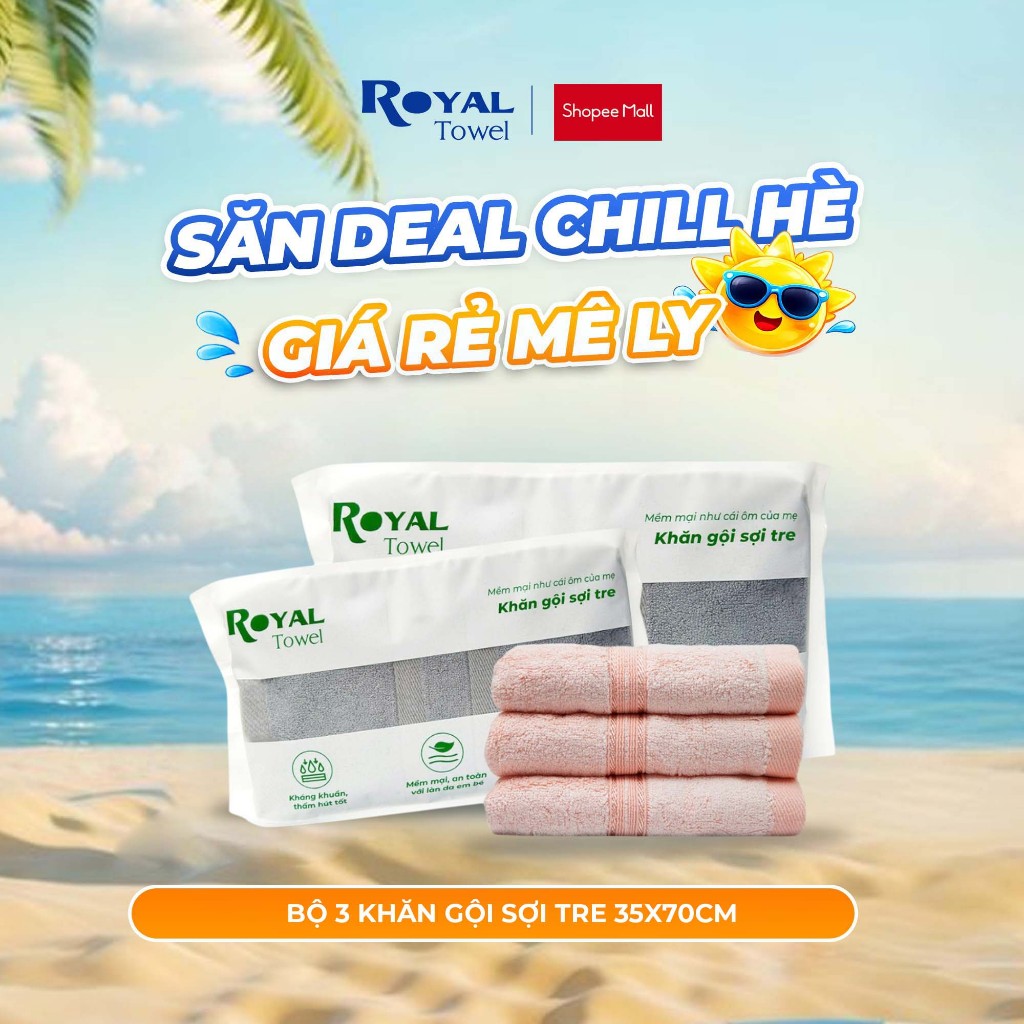 Bộ 3 Khăn Gội Royal Towel 35x70cm Sợi Tre Bamboo, Mềm Mịn, Thấm Hút Tốt, Không Xổ Lông, Không Phai M