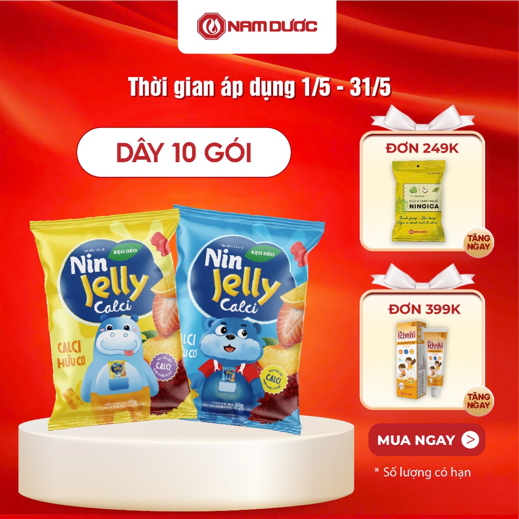 Thực phẩm bổ sung Kẹo dẻo Nin Jelly Calci, dây 10 túi x 20 g , bổ sung calci hữu cơ cho bé