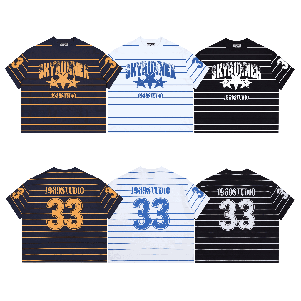 Áo Thun Boxy Kẻ Sọc Ngang 1969STUDIO Áo Phông Unisex Top Menswear Cổ Tròn - BX12