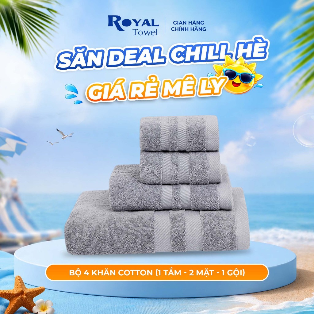 Bộ 4 Khăn Gồm 2 Mặt, 1 Gội, 1 Tắm 60x120cm Royal Towel Sợi Cotton Mềm Mịn, Thấm Hút Tốt, Không Xổ Lông, Không Phai Màu