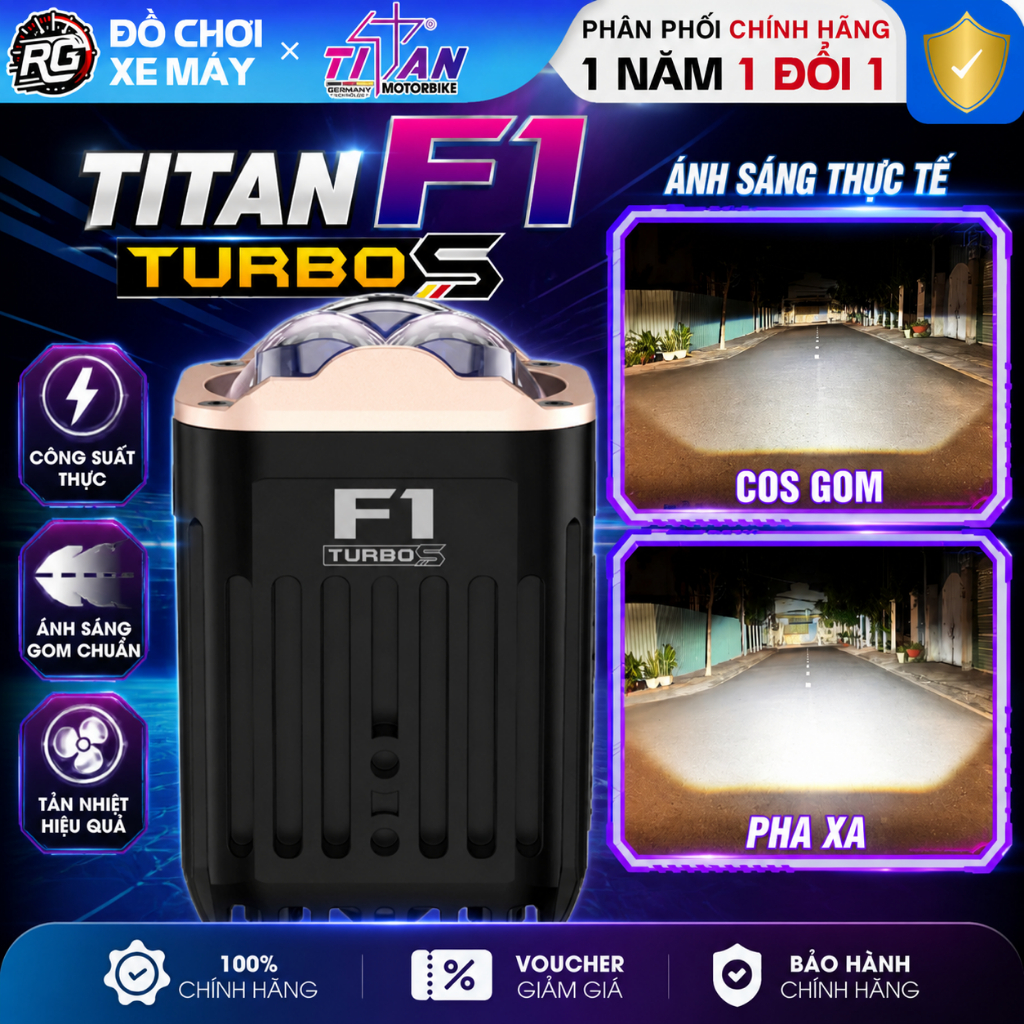 TITAN F1 TURBO S - Đèn Trợ Sáng Bi Cầu F1 Turbo S Công Suất 67W Tích Hợp 2 Mắt Trợ Pha Giả Lập Laser