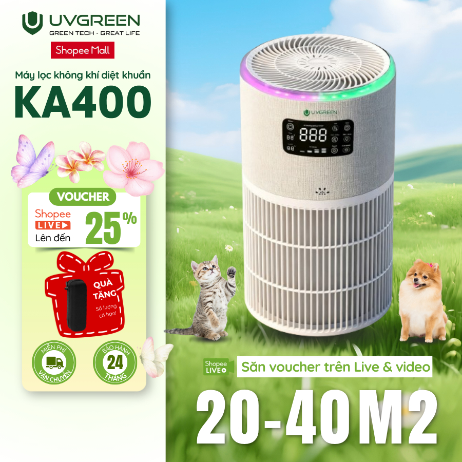 Máy Lọc Không Khí phòng 40m2 UVGREEN KA400 | Lọc bụi siêu mịn, Diệt Khuẩn nấm mốc, Xông tinh dầu